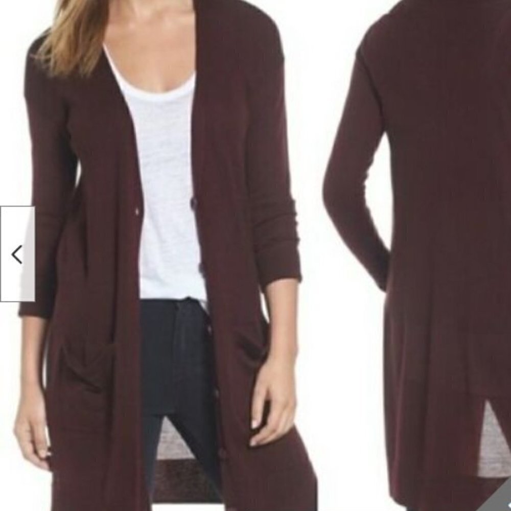 Halogen Merino Wool Blend Dark Purple Long Line Ribbed V-Neck Cardigan sz M  EUC